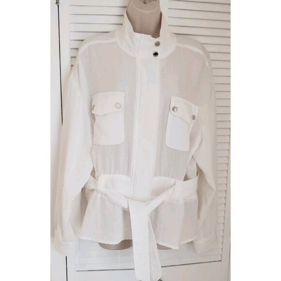 CALVIN KLEIN WHITE STAND UP COLLAR PEPLUM BELTED JACKET XLARGE - Picture 1 of 9